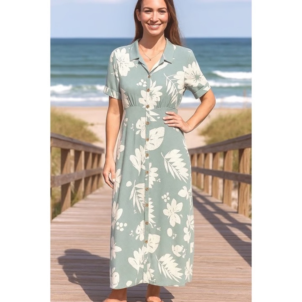 O'Neill Claire Dress in Sage Green White Tropical Floral